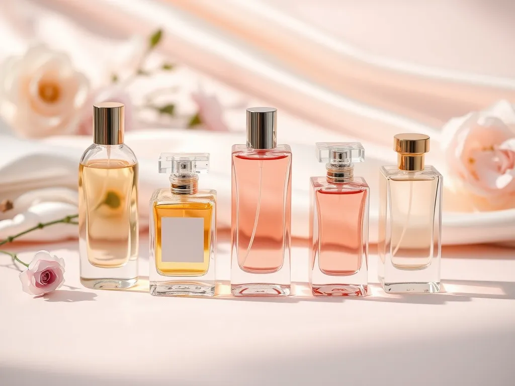 Eleganckie flakony damskich perfum na pastelowym tle, tworzące luksusowy, kobiecy nastrój do rankingu najładniejszych zapachów.