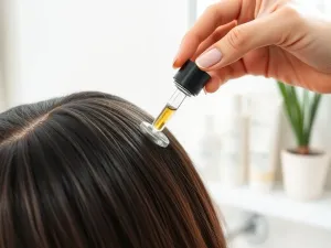 Pipeta z przezroczystym serum kwasu hialuronowego spadająca na dłoń kobiety na jasnym, minimalistycznym tle łazienki.