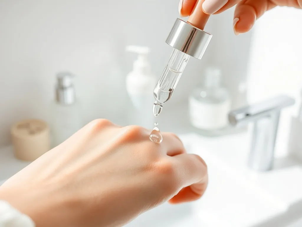 Pipeta z przezroczystym serum kwasu hialuronowego spadająca na dłoń kobiety na jasnym, minimalistycznym tle łazienki.