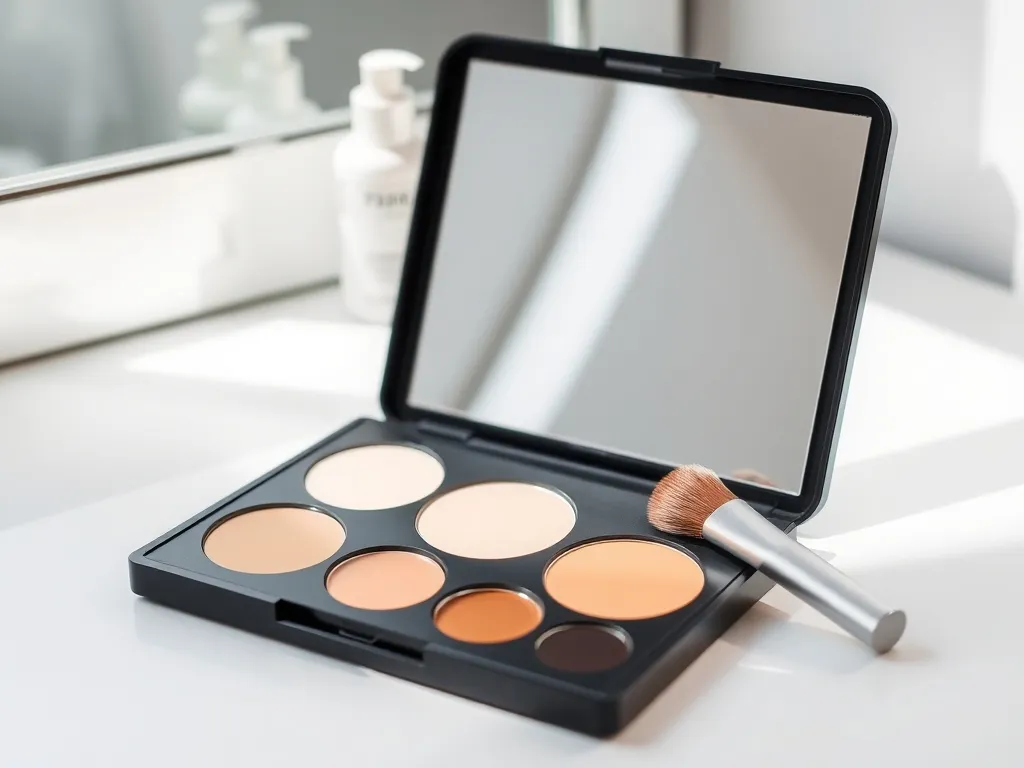 Elegancka paleta do konturowania twarzy z pędzlem na białej toaletce, w tle minimalistyczne kosmetyki do makijażu