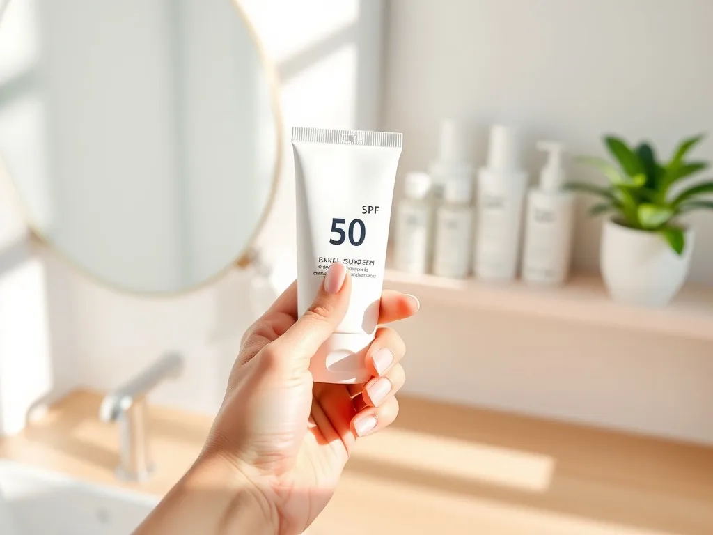 Dłoń trzymająca krem z filtrem SPF 50 przy lustrze w jasnej łazience, obok minimalistycznych kosmetyków do pielęgnacji twarzy.