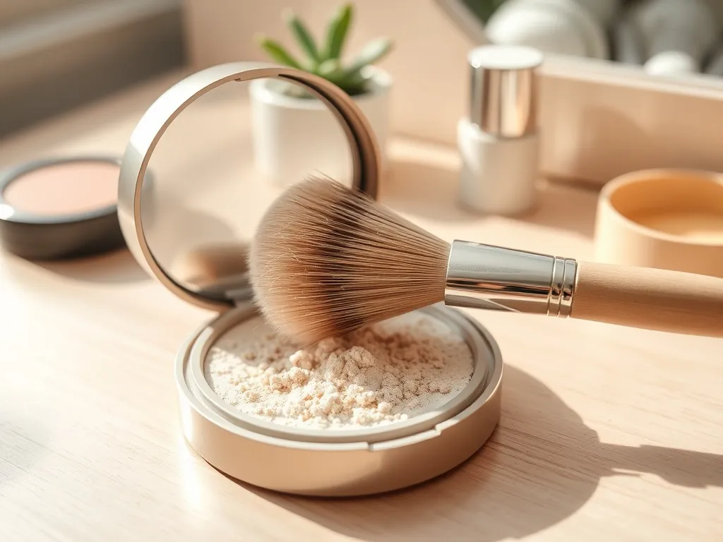 Otwarty puder mineralny na toaletce, pędzel nabiera sypki kosmetyk w naturalnym świetle, minimalistyczne tło.