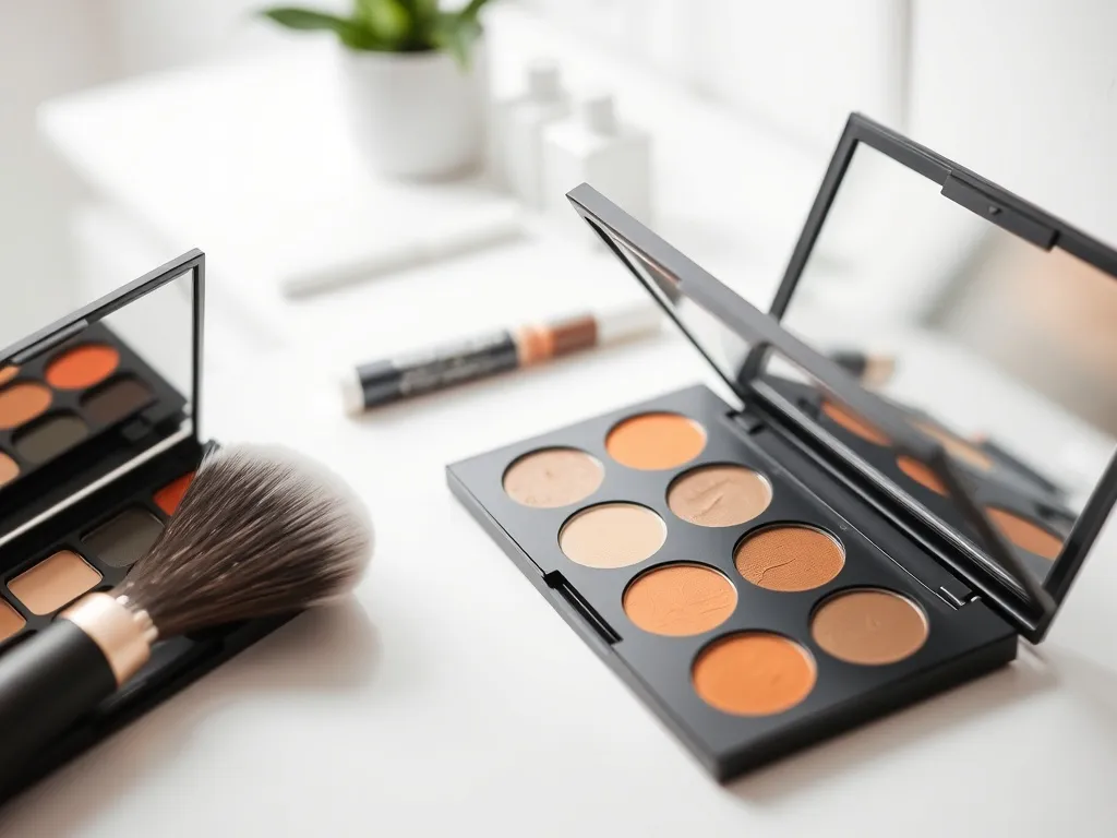 Elegancka paleta trwałych cieni do powiek w neutralnych i żywych odcieniach na białym tle, obok pędzla i lusterka
