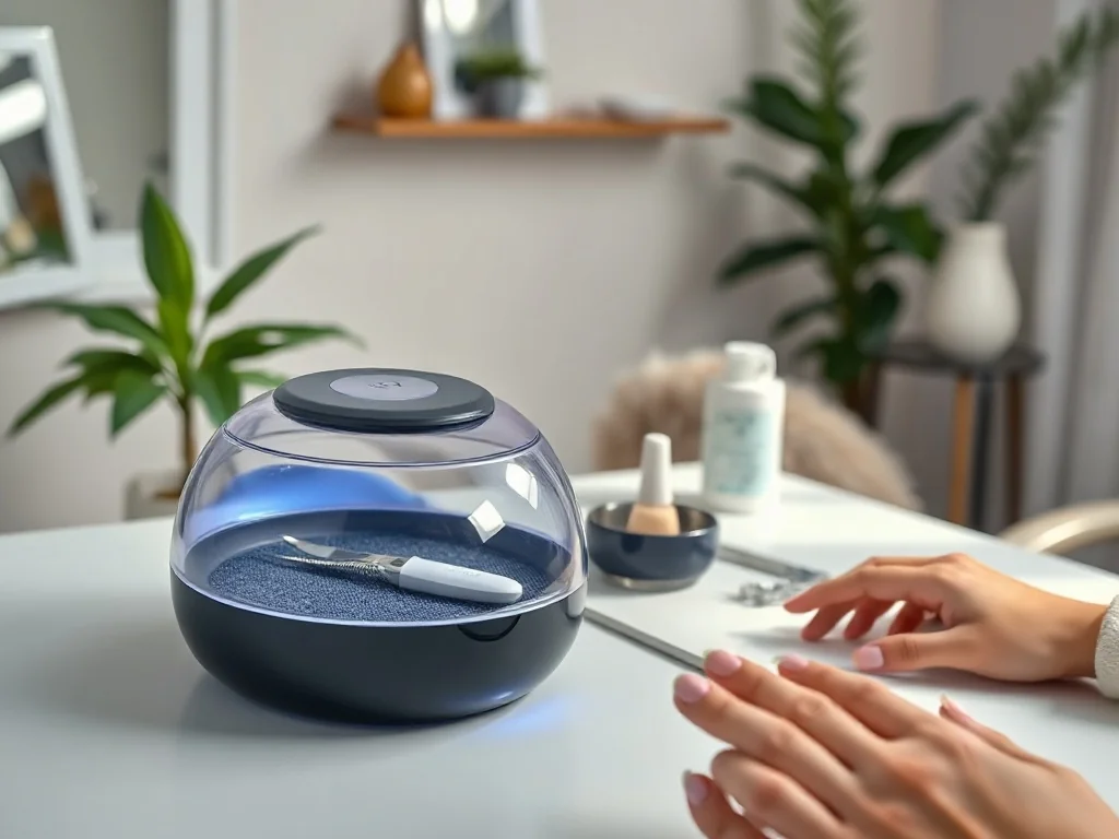Nowoczesne stanowisko manicure z eleganckim pochłaniaczem pyłu do paznokci na białym biurku w minimalistycznym salonie.