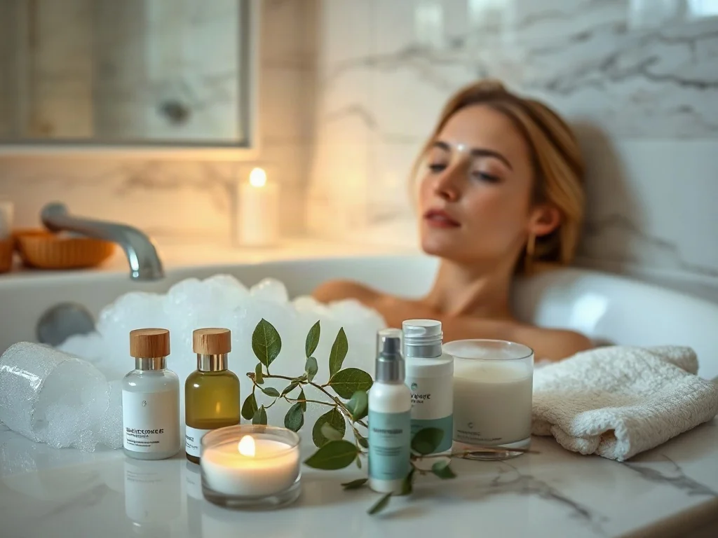 Kobieta relaksująca się w wannie pełnej piany w otoczeniu luksusowych kosmetyków i świec, tworzących klimat domowego spa.