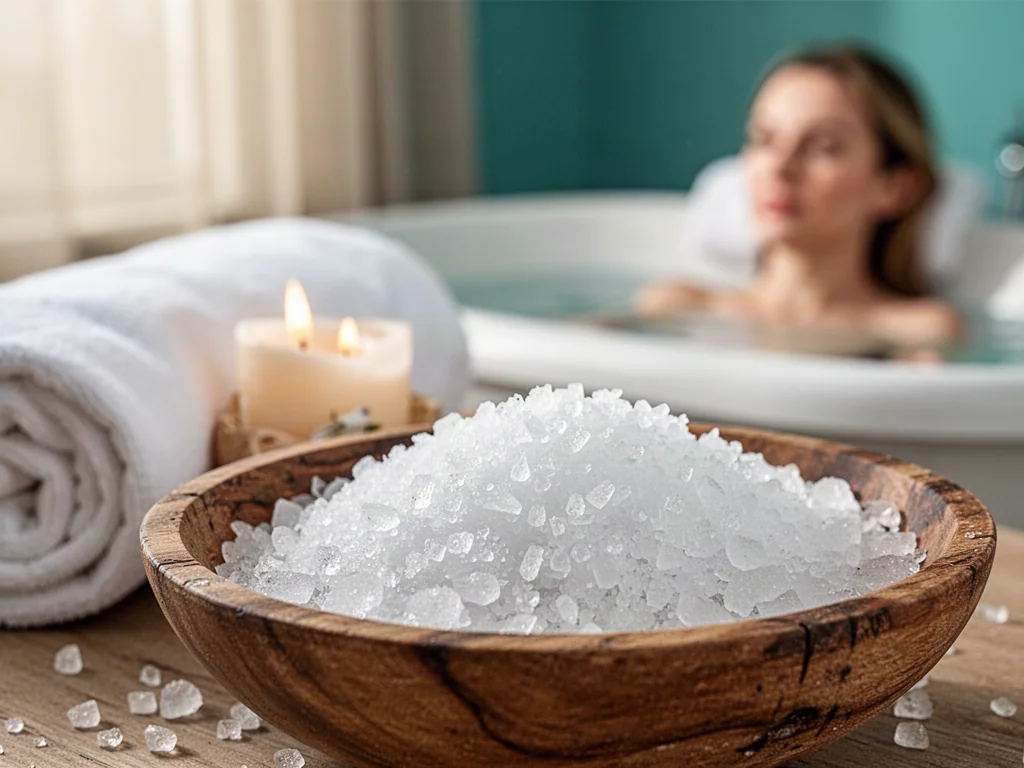 Kryształki soli Epsom w drewnianej miseczce na tle relaksującej kąpieli w domowym spa.